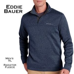 Eddie Bauer Mens Radiator Knit Fleece Pullover Sweater XL Blue Snap Mock Neck